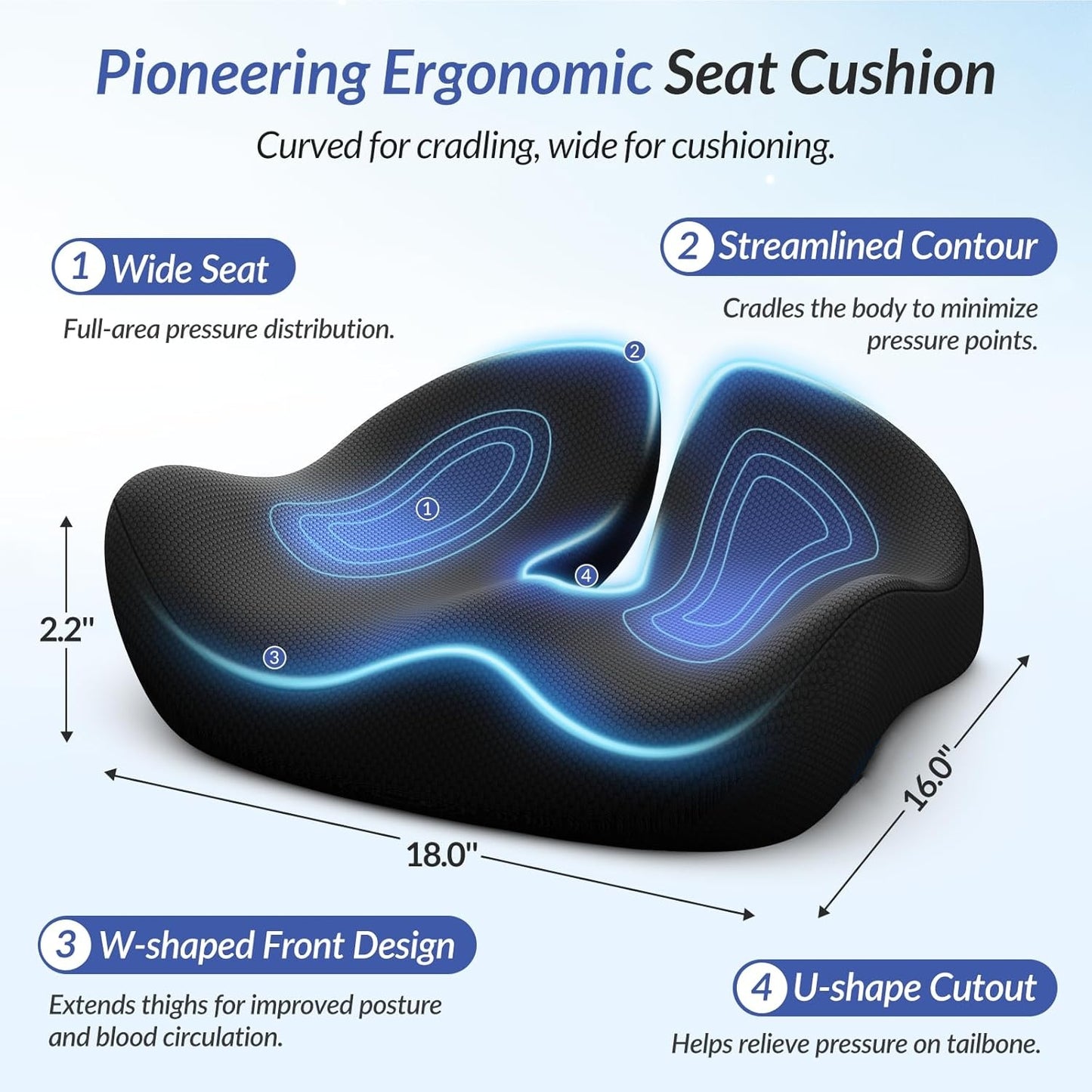 Pioneering Ergonomic Seat Cushion | Orthopedic Memory Foam Cushion for Back & Hip Support